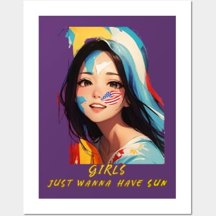 Girls Just Wanna Have Sun (longhaired brunette red white blue Posters and Art